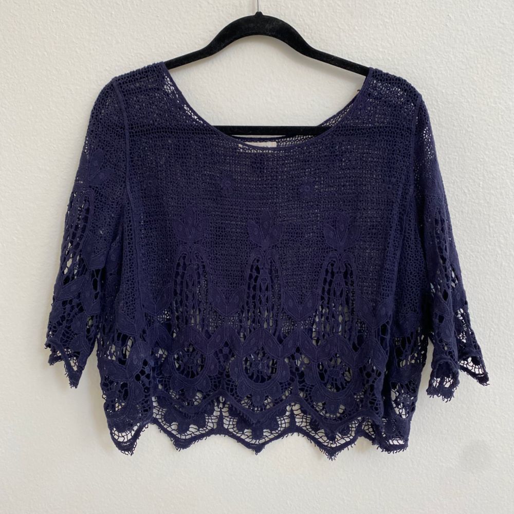 Wishlist blue cotton open lace embroidered crochet 3/4 sleeves top M